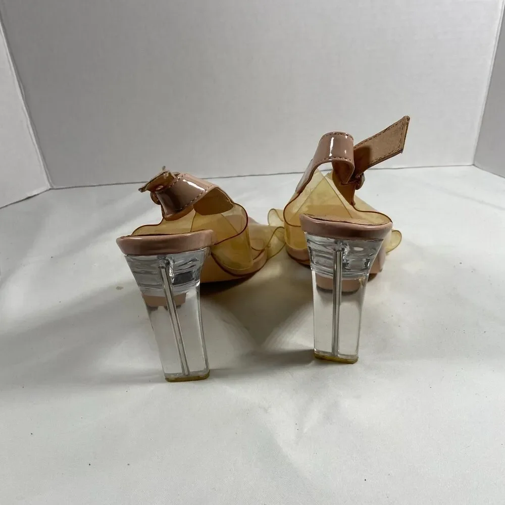 Qupid Womens 8 Nude Clear Strap Block Heel Sandals Pink Vinyl
